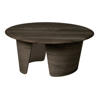 Round coffee table in dark wood finish with smooth, minimalist design and subtle grain patterns.