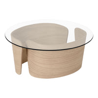 Modern coffee table featuring a natural wood finish and a clear glass top, showcasing minimalist curves and soft lines.
