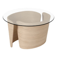 Beige curved wooden base with a clear glass top, featuring a modern and minimalist design. Perfect for contemporary spaces.