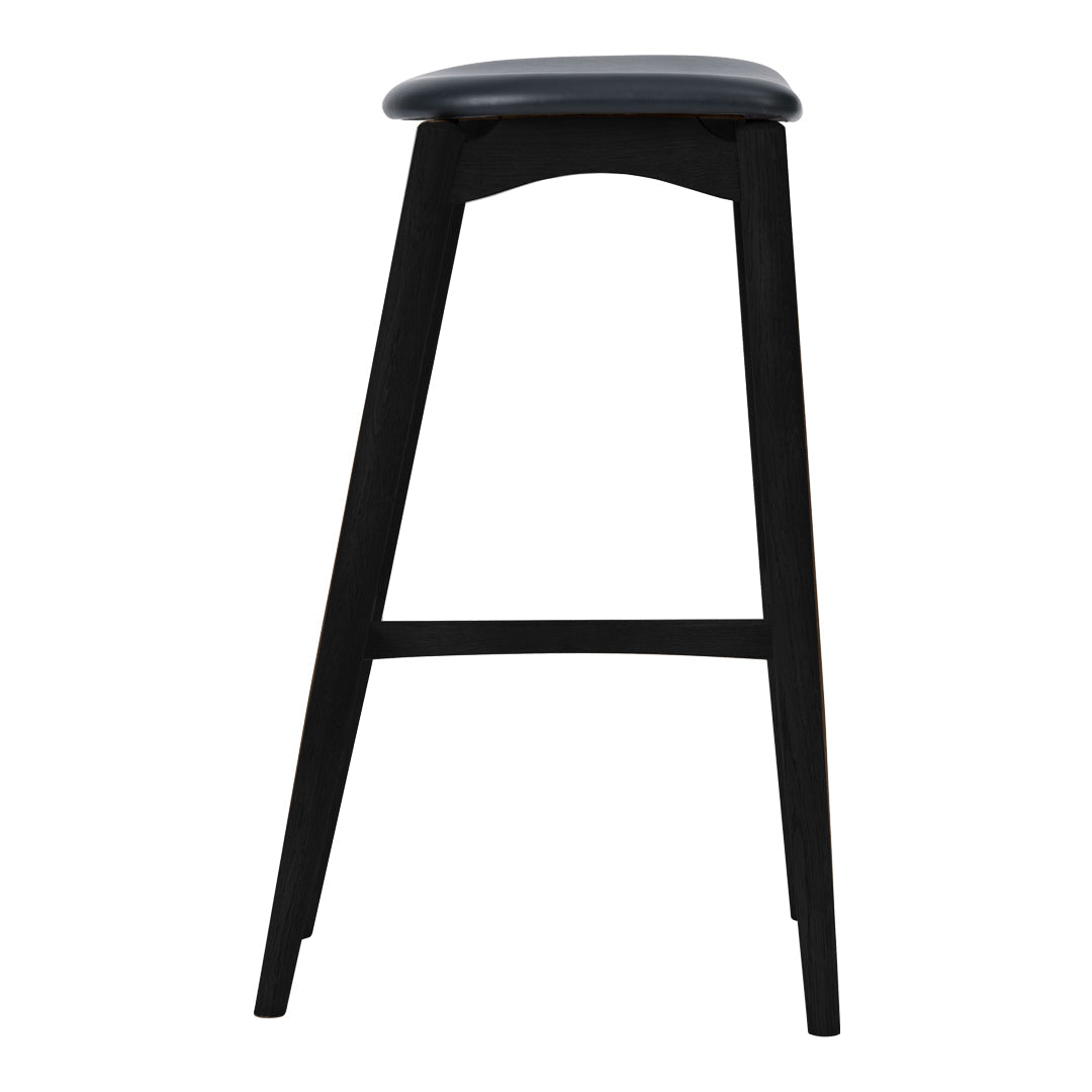 Black bar stool with a smooth, minimalist design and clean lines, perfect for modern decor.