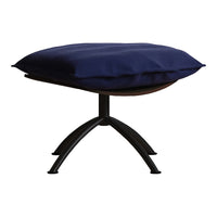 Navy blue cushioned ottoman with a sleek black metal base, featuring a smooth, rounded design.