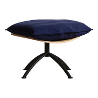 Navy blue cushion on a minimalist wooden base with a black metal frame. Modern and stylish design.