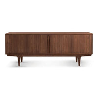 Mid-century modern walnut sideboard with a rich, smooth wood grain and clean, minimalist lines. Perfect for stylish storage.