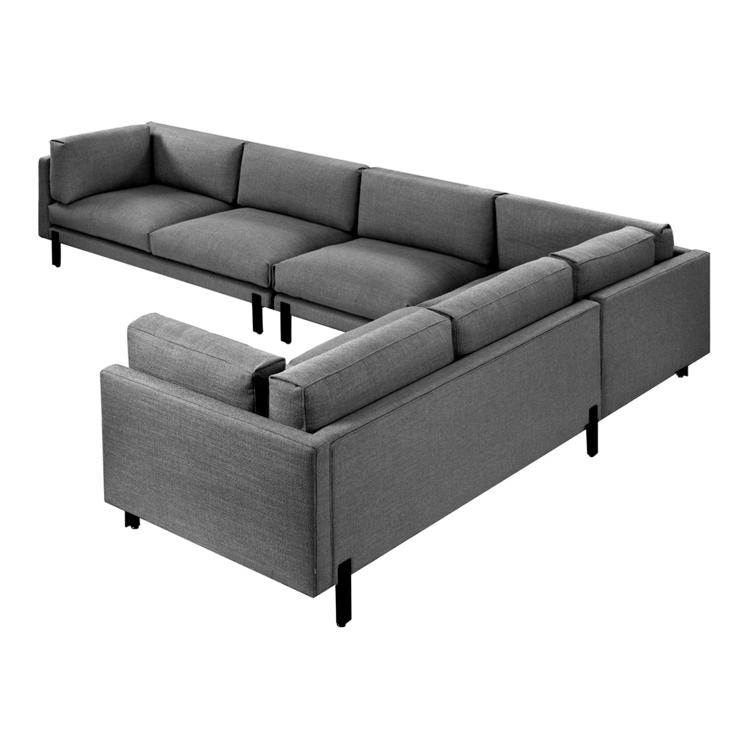 Gray sectional sofa with clean lines and textured fabric, perfect for modern living spaces.