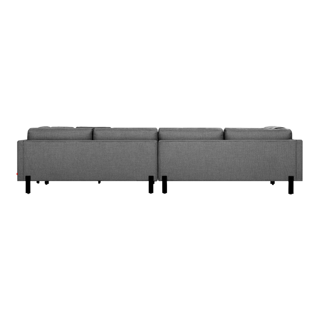 Modern gray sofa with clean lines and sleek black legs, perfect for contemporary interiors.
