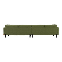 "Back view of a textured olive green sofa with black legs, offering a modern and stylish look."
