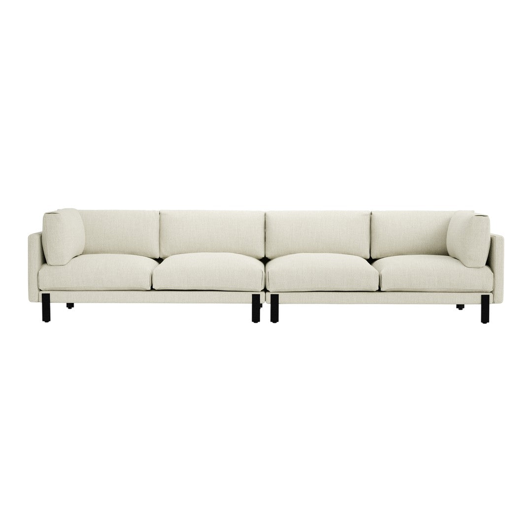 Light beige sofa with a textured fabric and contrasting black legs. Simple, modern design perfect for any living space.