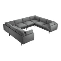 Gray sectional sofa with a modern design, featuring textured fabric and sleek black legs for a contemporary look.