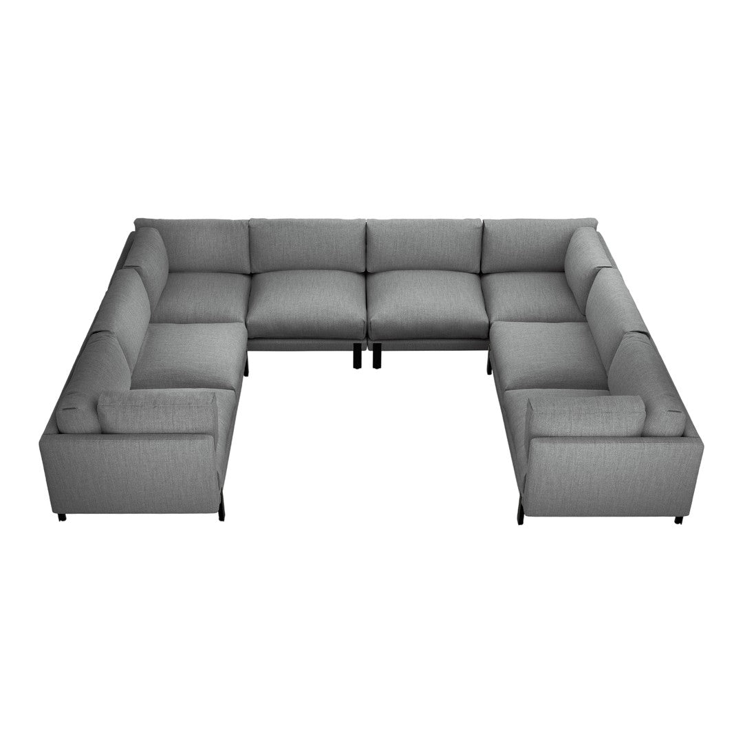 Gray sectional couch with a sleek, modern design and a soft, textured fabric finish. Ideal for any living space.