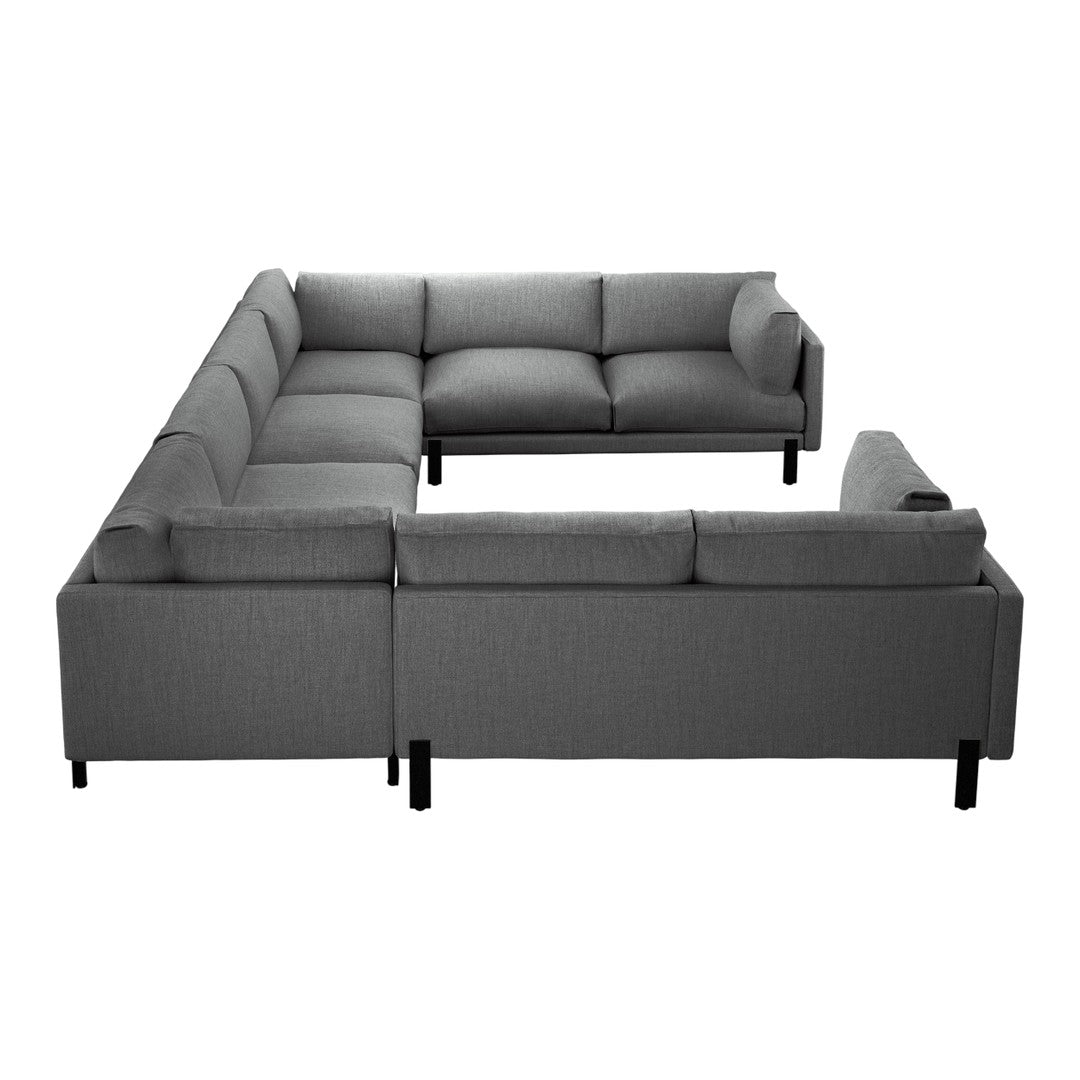 Gray sectional sofa with a modern, minimalist design and textured fabric pattern for a stylish look.