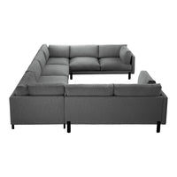 Gray sectional sofa with a modern, minimalist design and textured fabric pattern for a stylish look.