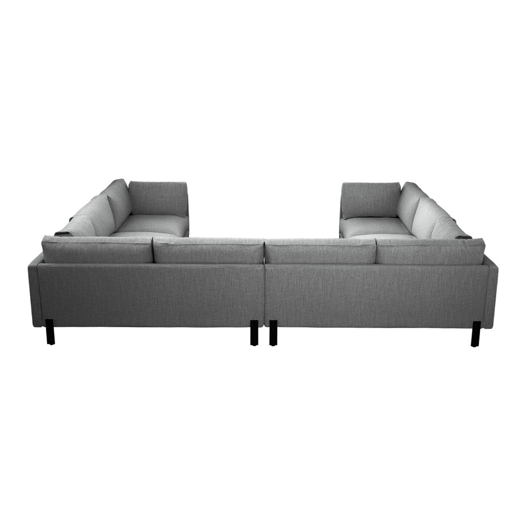 Gray sectional sofa with a textured fabric pattern and black legs. Stylish and modern design for any living space.