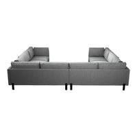 Gray sectional sofa with a textured fabric pattern and black legs. Stylish and modern design for any living space.