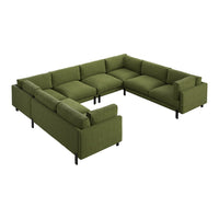 L-shaped sectional sofa in rich olive green upholstery with modern black metal legs. Soft, textured fabric pattern.