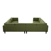 Modern L-shaped sectional sofa in rich olive green with a textured fabric and sleek black legs.