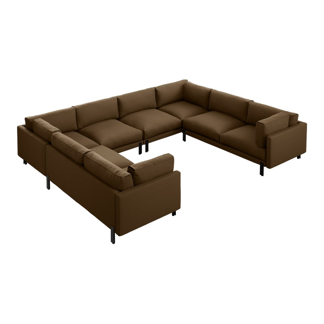 Brown sectional sofa with a sleek, modern design and smooth fabric upholstery. Perfect for contemporary living spaces.
