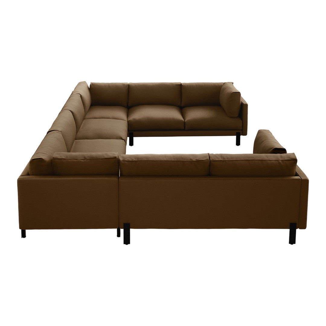 L-shaped brown upholstered sectional sofa with a sleek design and soft cushions. Modern and cozy.