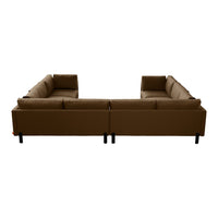Brown sectional sofa with smooth fabric and minimalist design, featuring black legs for a modern look.