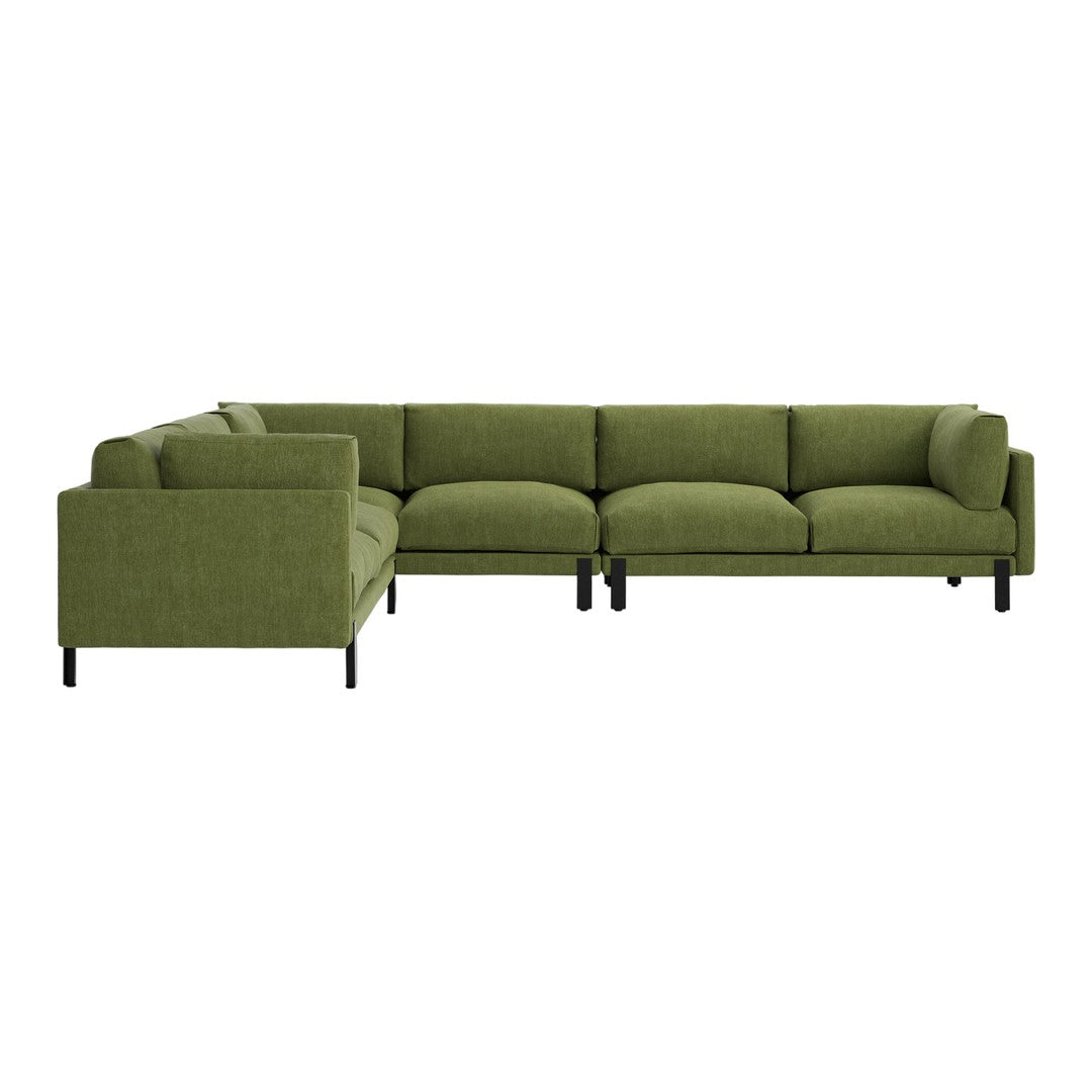 L-shaped sectional sofa in vibrant olive green fabric with a textured pattern and sleek black legs.