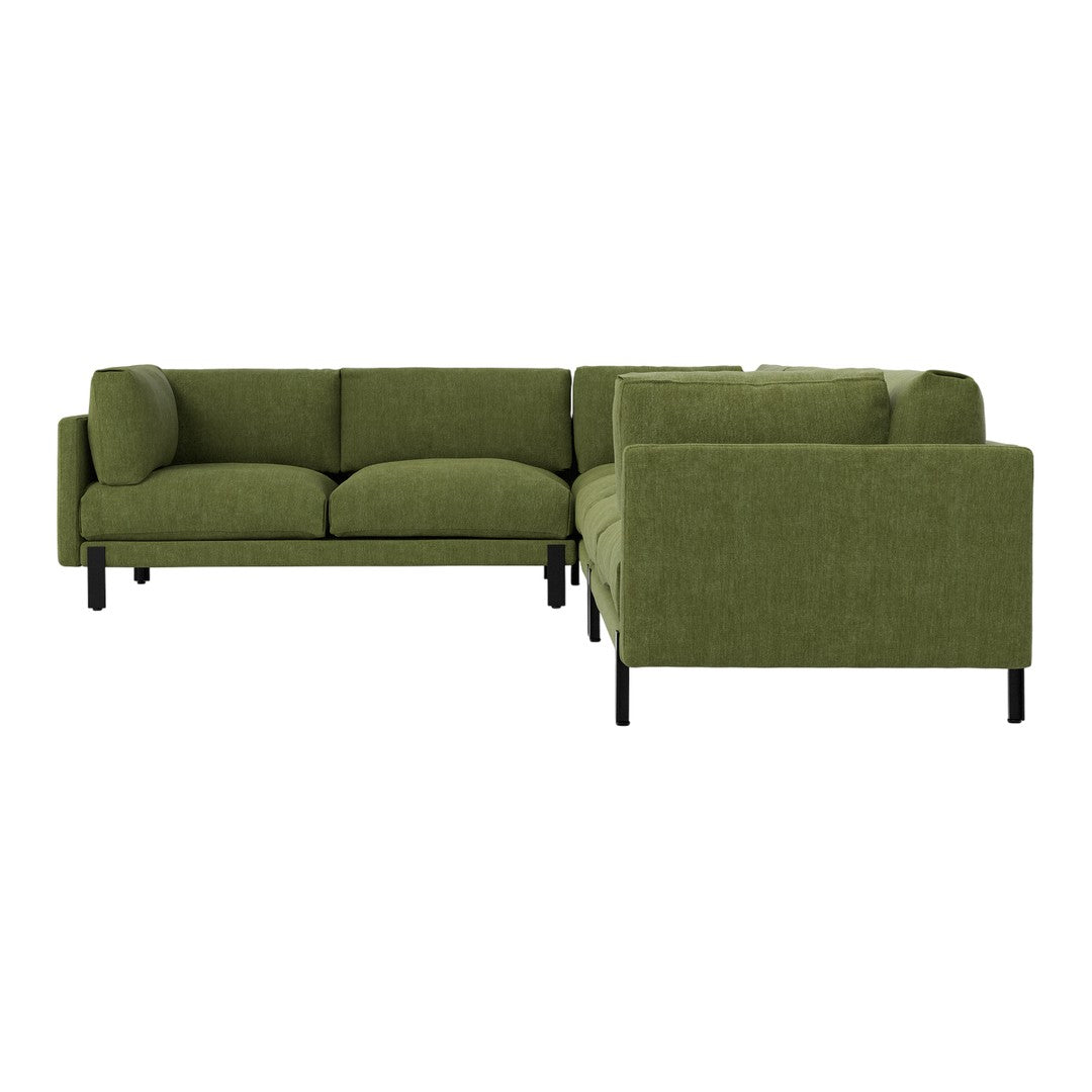 Green modular sofa with a textured fabric and sleek black metal legs. Stylish and modern design for comfortable living.