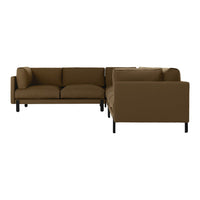Brown modular sofa with sleek lines and minimalist black legs, perfect for modern living spaces.