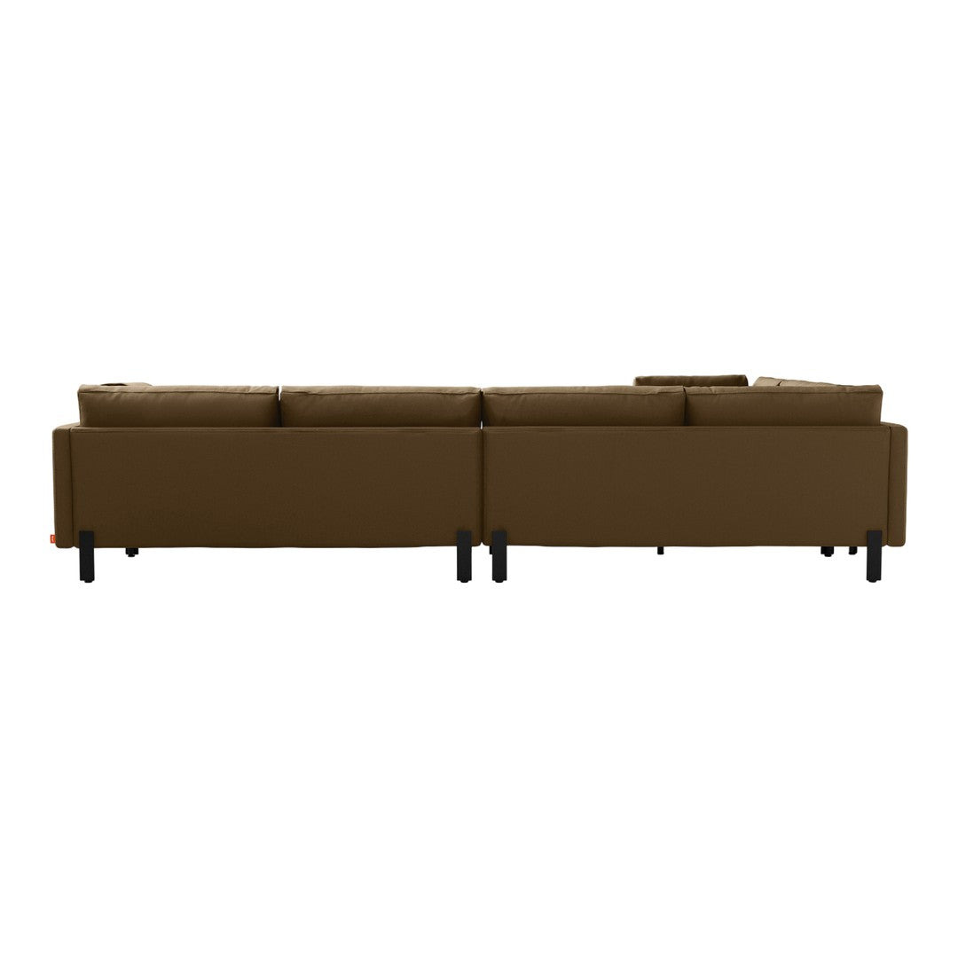 Brown sectional sofa with sleek black legs, featuring a smooth, modern upholstery design. Perfect for contemporary decor.
