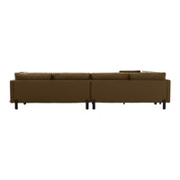 Brown sectional sofa with sleek black legs, featuring a smooth, modern upholstery design. Perfect for contemporary decor.