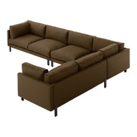 "Modern L-shaped sofa in rich brown with plush cushions and sleek black metal legs, perfect for versatile decor."