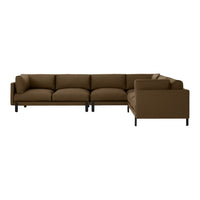 Brown sectional sofa with soft fabric, featuring minimalist design and black metal legs for a modern touch.