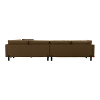 Brown sectional sofa with sleek black legs, featuring a smooth, soft texture and minimalist design.