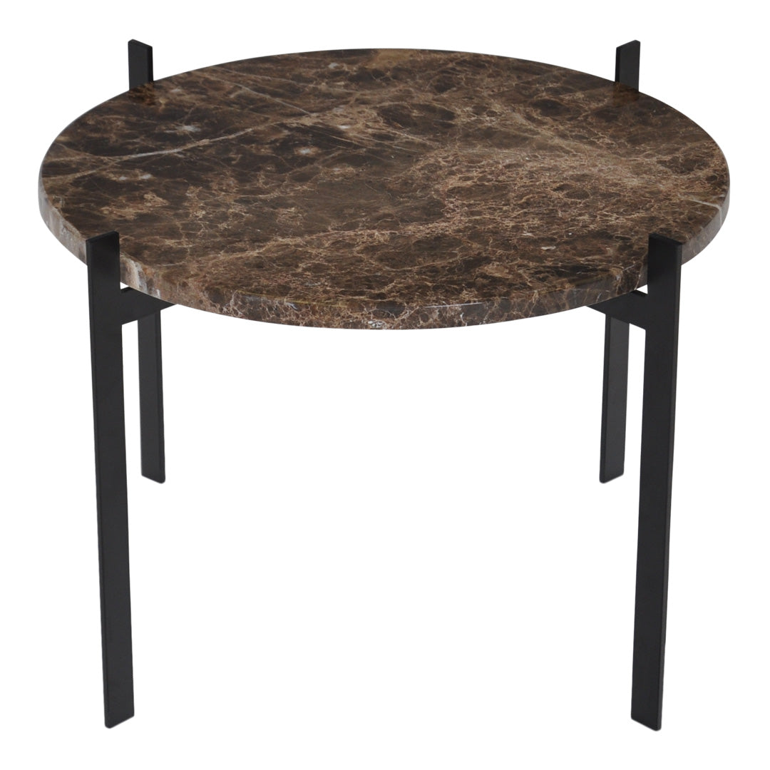 Round coffee table with a dark brown marble top and sleek black metal legs, showcasing an elegant, modern design.