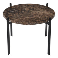 Round coffee table with a dark brown marble top and sleek black metal legs, showcasing an elegant, modern design.