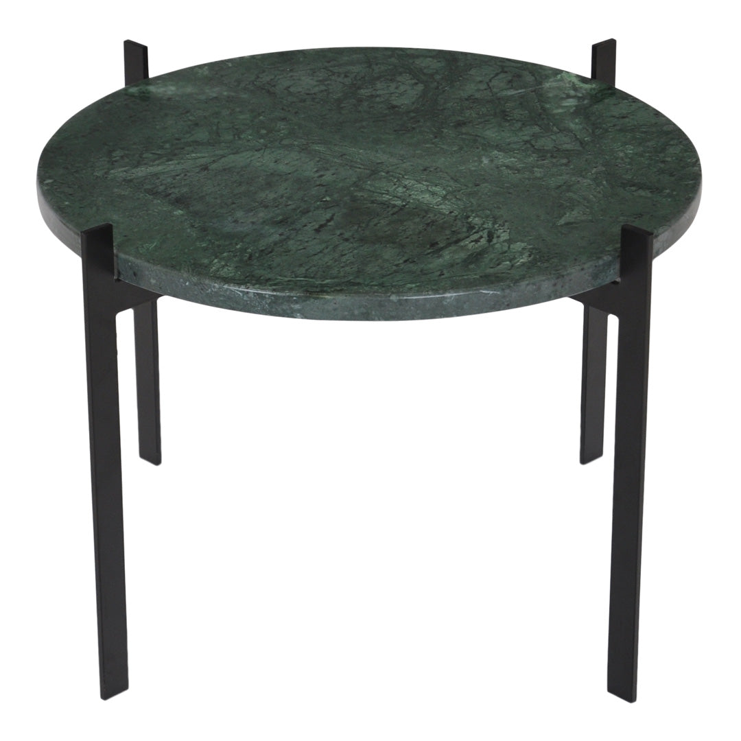Round green marble side table with a sleek black metal frame, featuring a smooth, glossy finish. Perfect for modern décor.