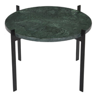 Round green marble side table with a sleek black metal frame, featuring a smooth, glossy finish. Perfect for modern décor.
