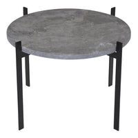 Round table with a textured gray marble top and sleek black metal legs. Modern design perfect for any decor.