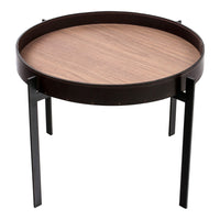Round wooden table with a warm brown wood top and a sleek black metal frame. Modern minimalist design.