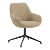 Beige fabric armchair with textured upholstery and black metal base, perfect for modern interiors.
