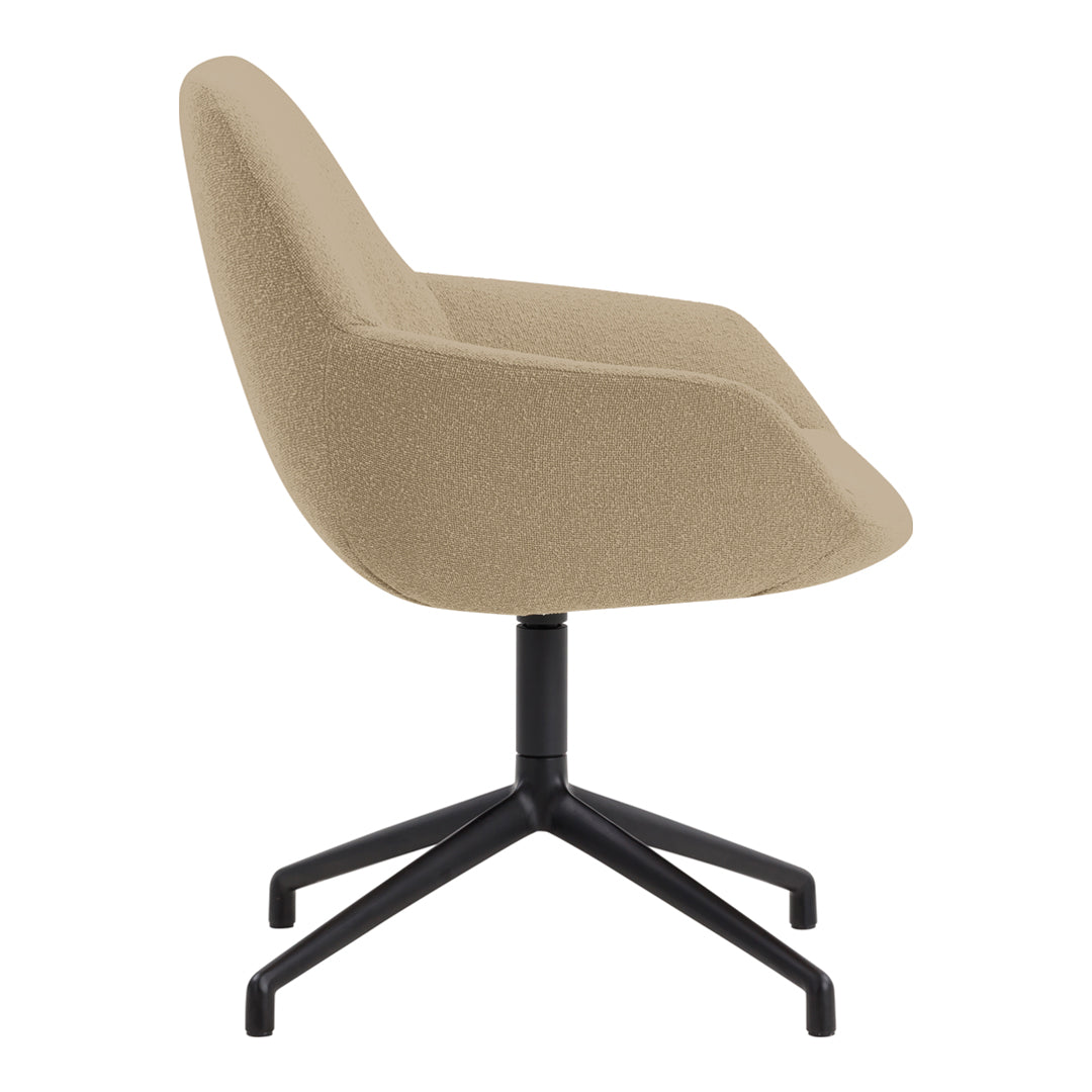 Beige upholstered chair with a smooth texture, featuring a sleek black metal base and minimalist design.