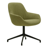 Green upholstered swivel chair with a sleek black base, featuring a modern, minimalist design. Ideal for stylish decor.