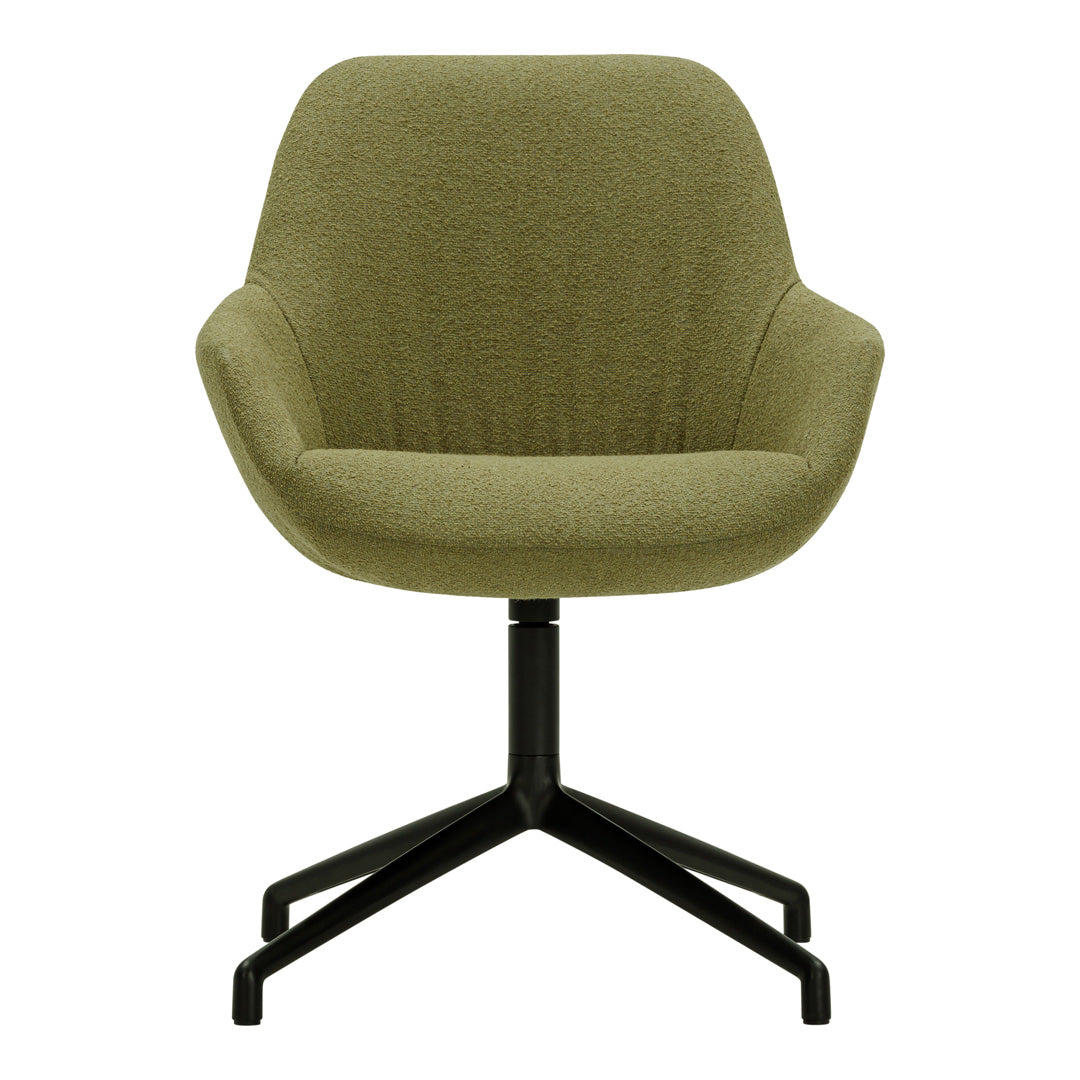 Olive green upholstered chair with a sleek black metal base, featuring a modern, minimalist design.
