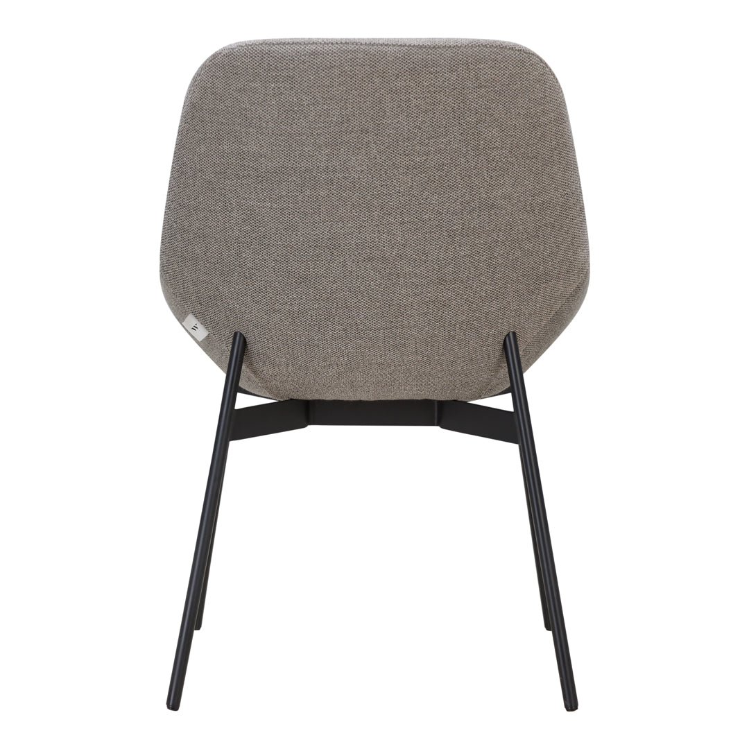 Gray upholstered chair with a simple design, featuring a smooth texture and black metal legs. Ideal for modern spaces.