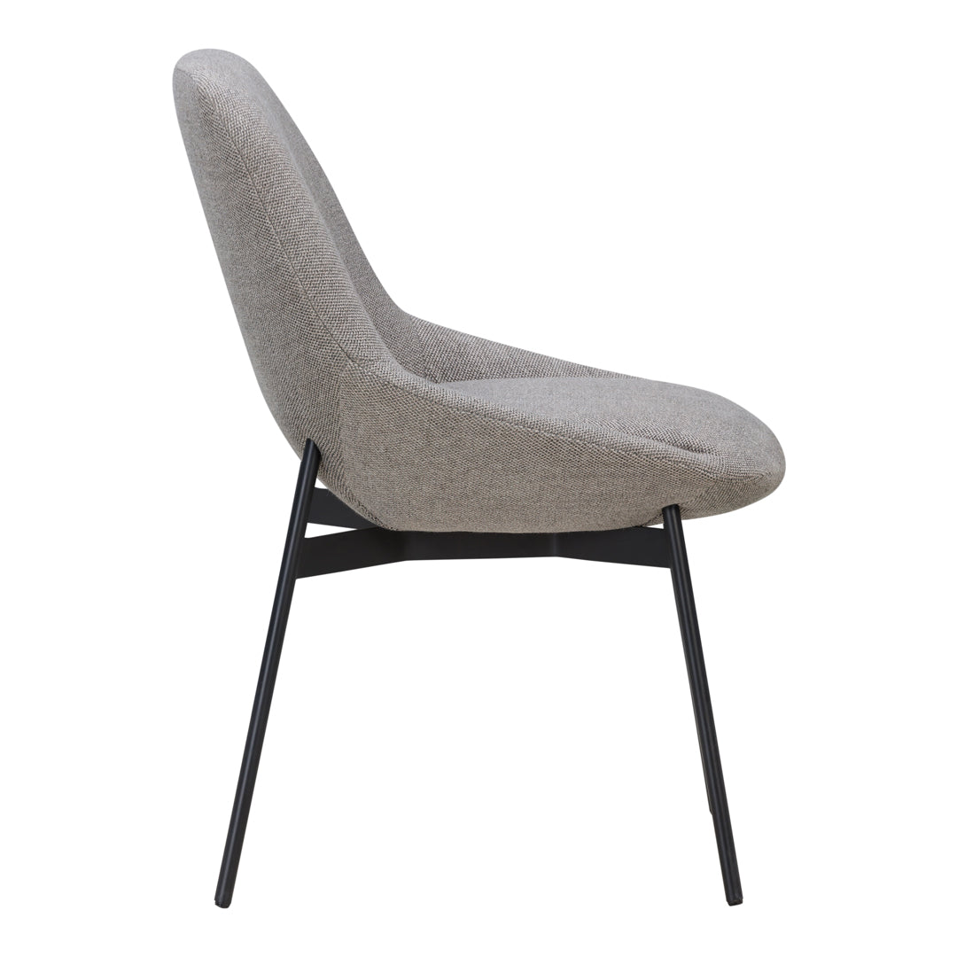 Gray upholstered chair with a smooth, minimalist design and sleek black metal legs. Perfect for modern spaces.