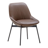Brown leather dining chair with smooth texture and sleek black metal legs. Modern and stylish design for any room.