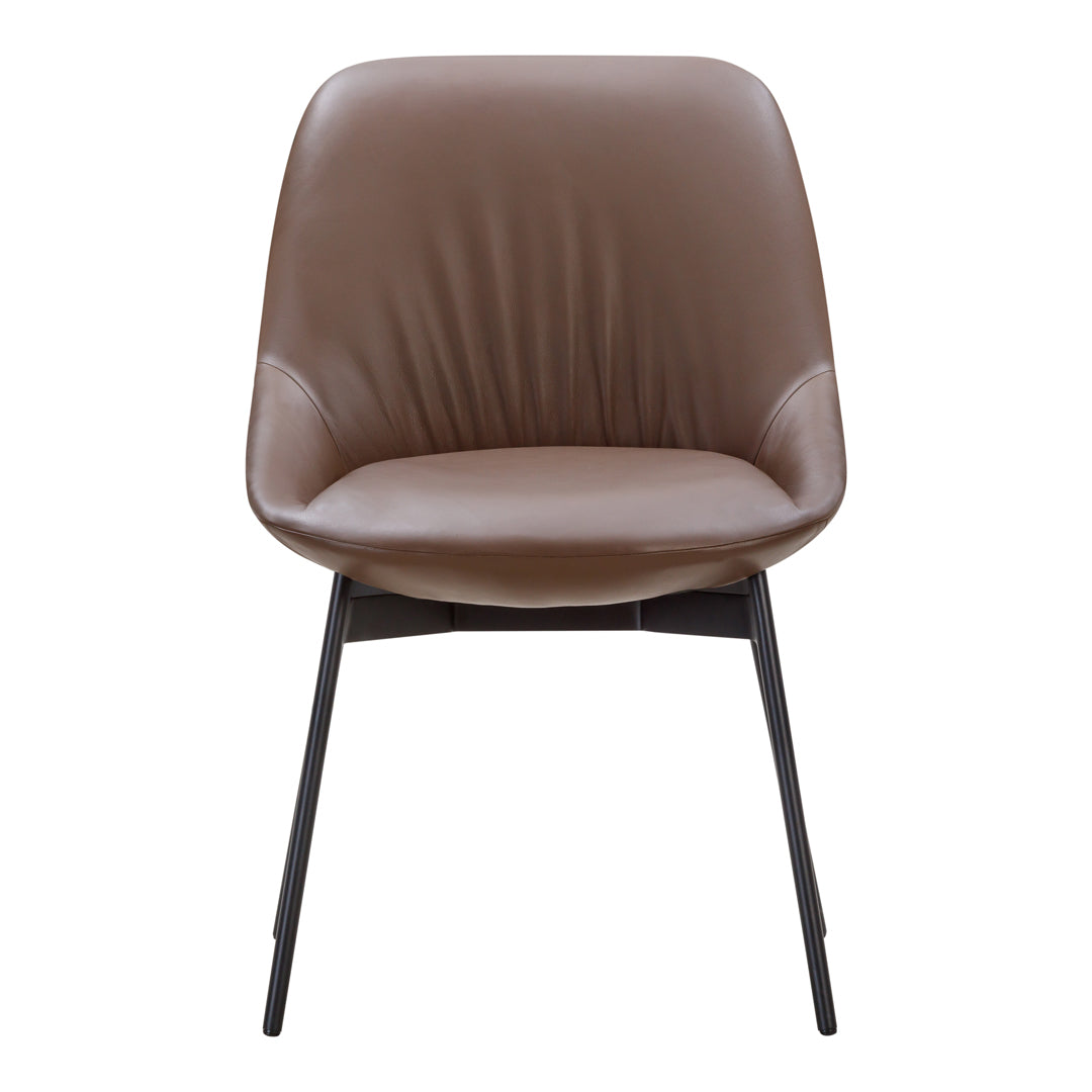 Brown leather accent chair with sleek black metal legs, featuring smooth texture and minimalist design.