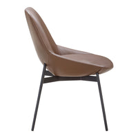Brown leather chair with a sleek, modern design and black metal legs, featuring a smooth, minimalist silhouette.