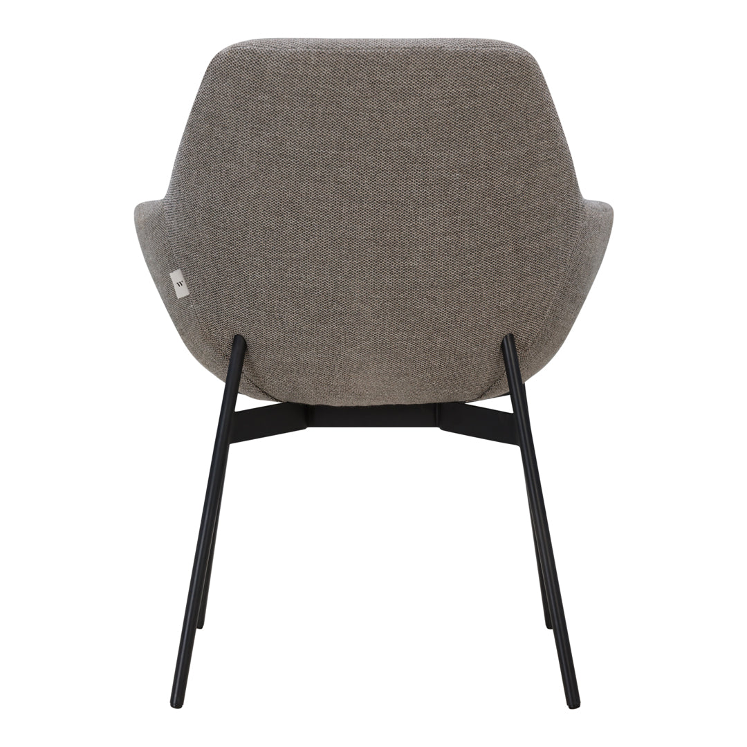 "Gray upholstered chair with a textured finish and sleek black metal legs, showcasing minimalist design."