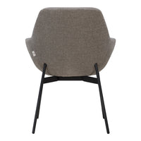 "Gray upholstered chair with a textured finish and sleek black metal legs, showcasing minimalist design."