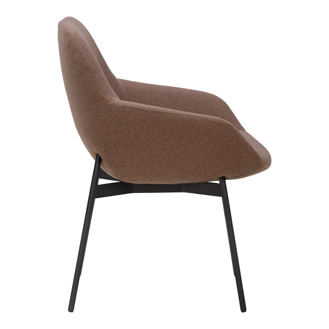 Brown upholstered chair with a smooth texture and black metal legs, showcasing a modern and minimalist design.