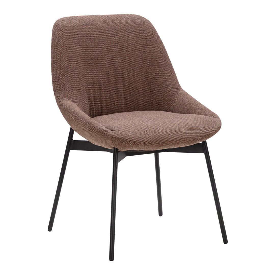 Brown textured fabric chair with sleek black metal legs, offering a modern aesthetic and cozy vibe.