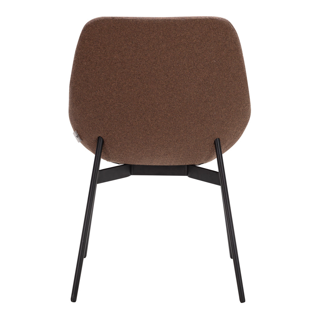 Brown upholstered chair with a textured pattern and sleek black metal legs. Ideal for modern interiors.